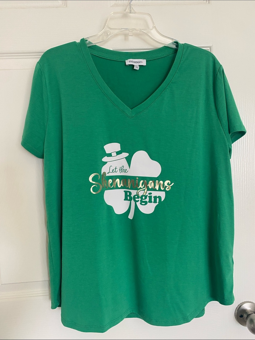 Green V-Neck Tee with White Shamrock and Gold Script